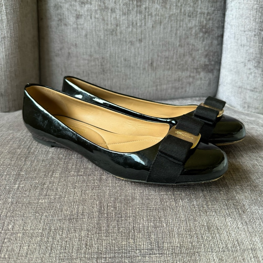 Salvatore Ferragamo Black Patent Leather Bow Flats